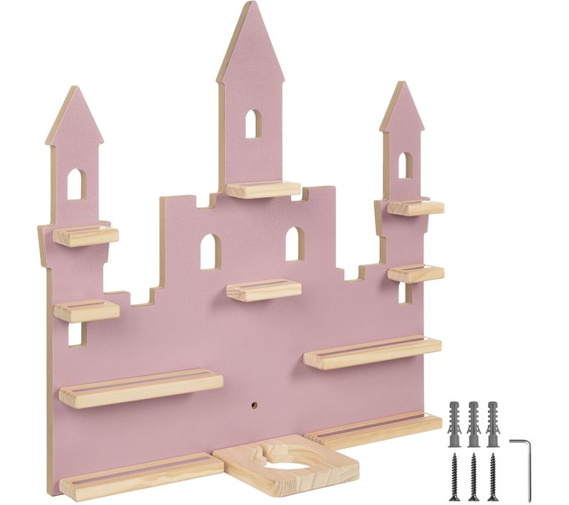 étagère Murale Décorative Château Rose Bois Massif Fixation Magnétique 59x15,5x58cm