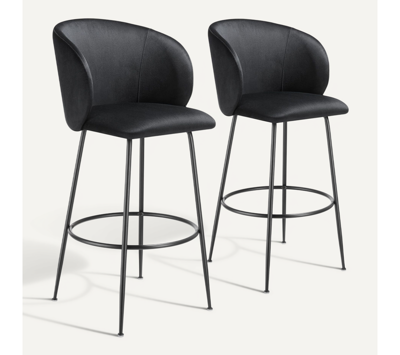 Lot 2 Tabourets De Bar Rembourrés Avec Dossier Aspect Velours Noir