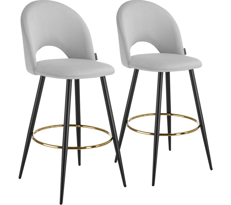 Lot 2 Chaises De Bar Aspect Velours Rembourré Gris Clair
