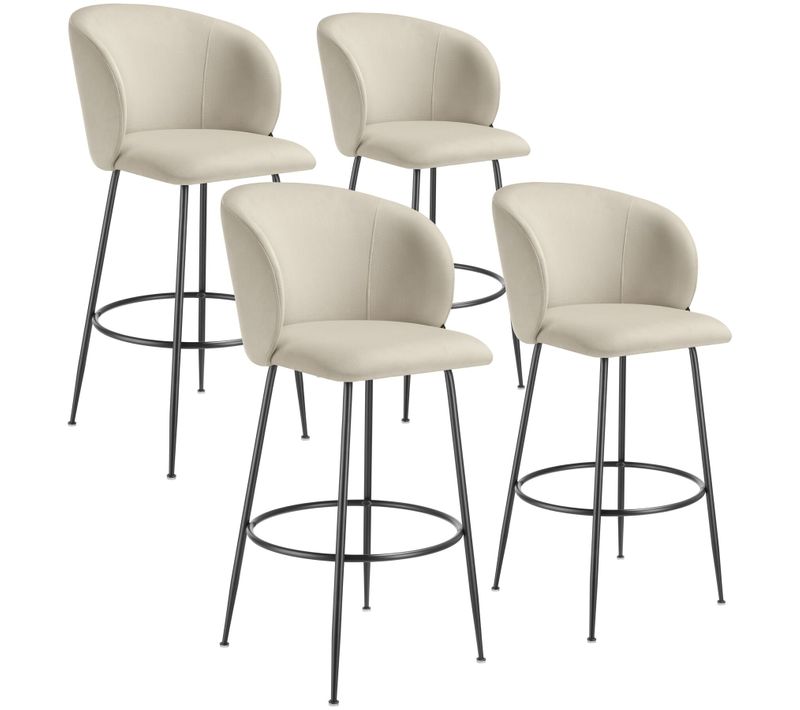 Lot 4 Tabourets De Bar Rembourrés Avec Dossier Aspect Velours Crème