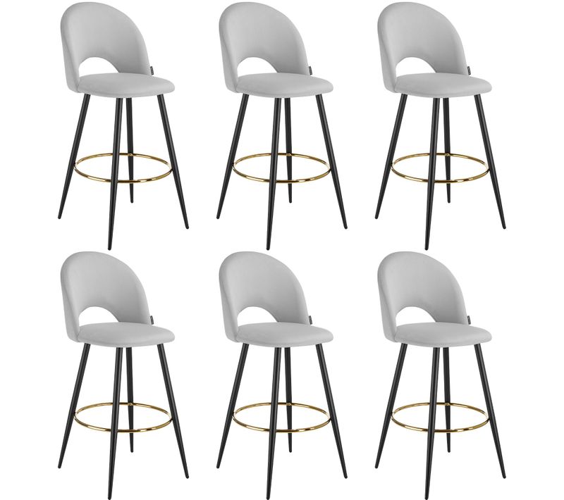 Lot 6 Chaises De Bar Aspect Velours Rembourré Gris Clair