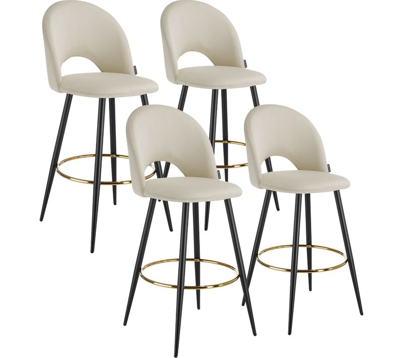 Lot 4 Chaises De Bar Aspect Velours Rembourré Crème Et Noir