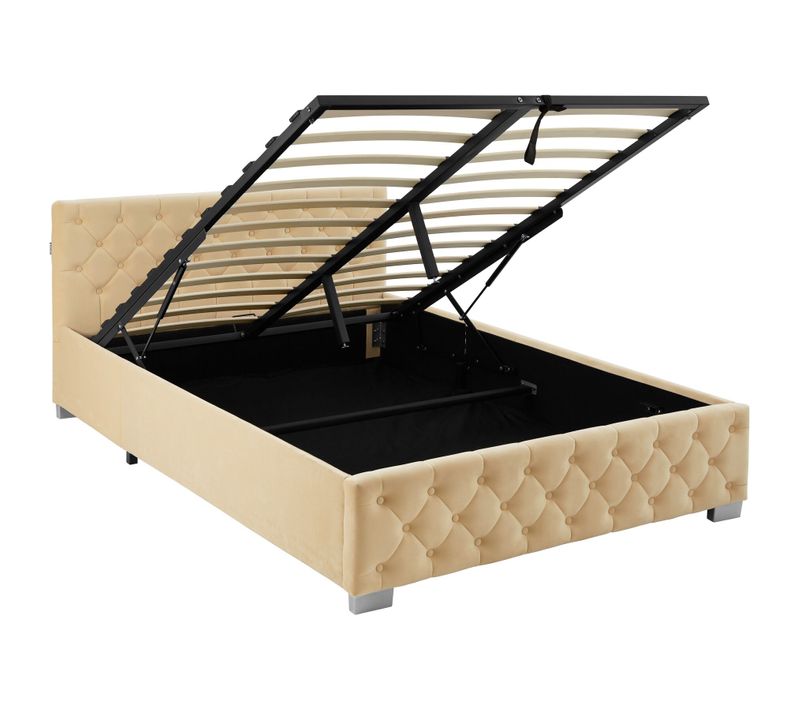 Lit Capitonné Avec Bandes LED Et Espace De Rangement 140x200 Beige