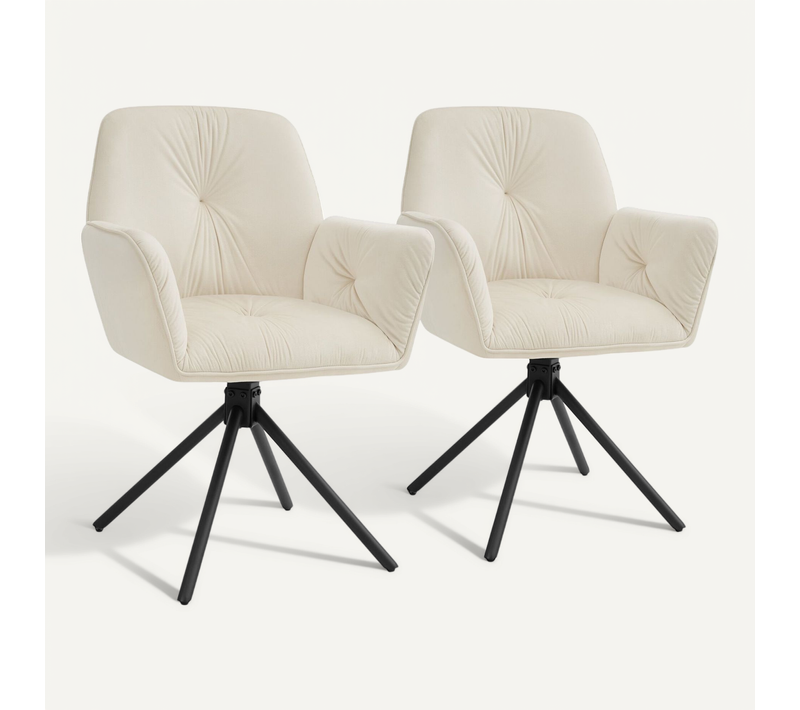 Lot De 2 Chaise De Salle À Manger Pivotante Lenia En Polyester, Acier Velours Crème/noir