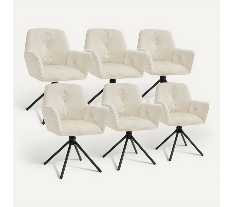 Lot De 6 Chaise De Salle À Manger Pivotante Lenia En Polyester, Acier Velours Crème/noir