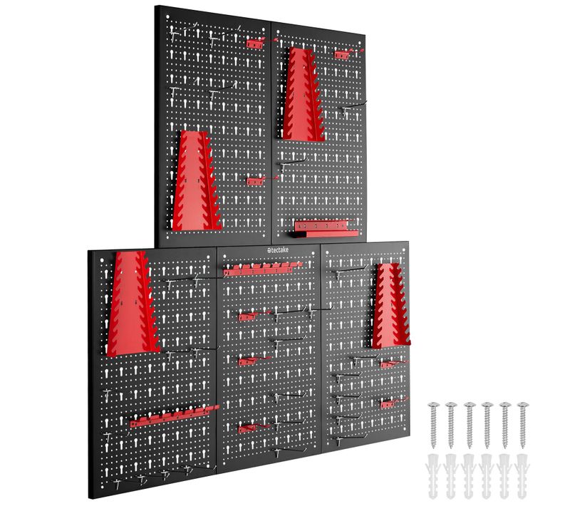 Panneau Perforé 5 Plateaux En Acier 200x60 Cm Lot 43 Crochets Supports Extensible Noir Rouge