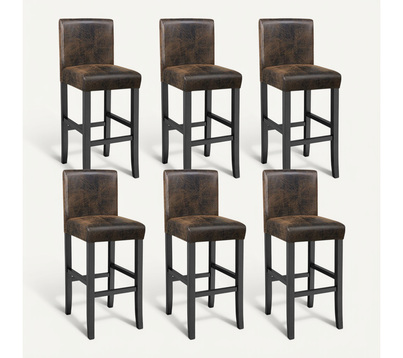 Lot De 6 Tabourets De Bar Bois Simili Avec Dossier Marron Foncé