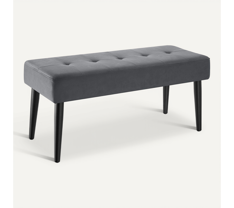 Banc Rembourré Velours Gris Matelassé Confort Mousse 220 Kg Pieds Acier Rapide 95x38x45 Cm