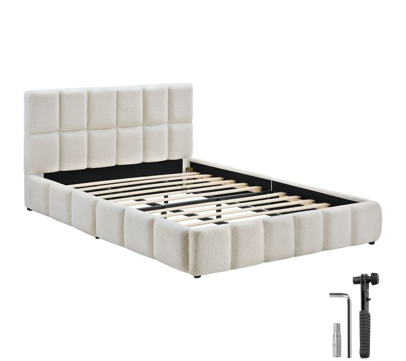 Lit Rembourré Avec Sommier à Lattes Teddy Crème Matelassage à Caissons 180x200 c Charge 250kg