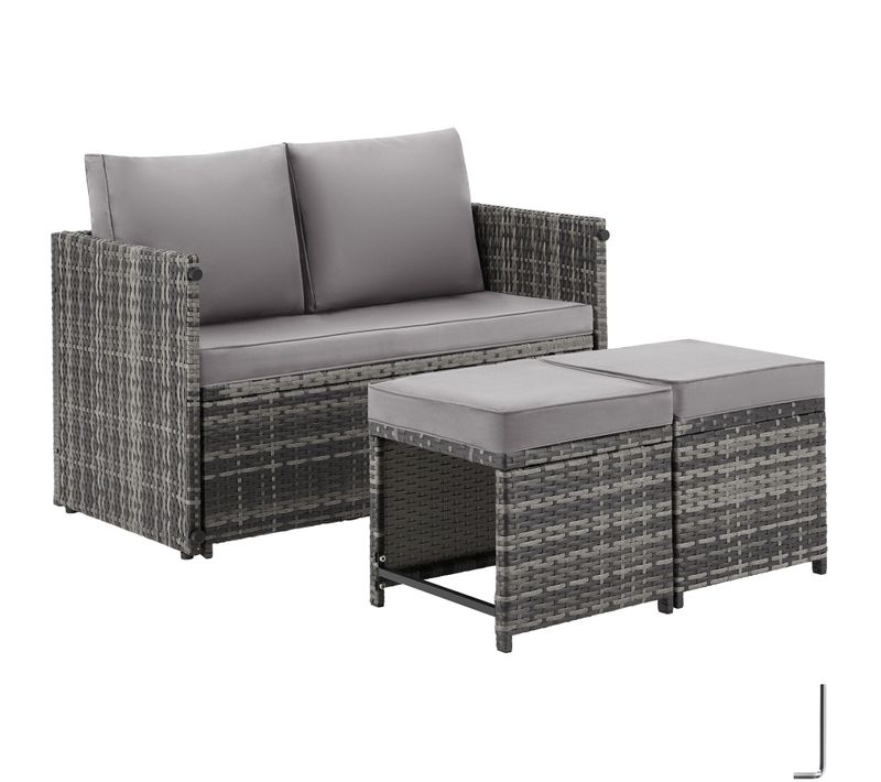 Ensemble Salon En Rotin 2 En 1 Pour Jardin Ou Terrasse Gris  60 X 110 X 61.5 Cm
