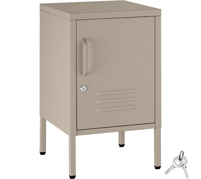 Table De Chevet Métal Design Avec 2 Compartiments Porte Verrouillable Taupe 35x42,5x60,5cm