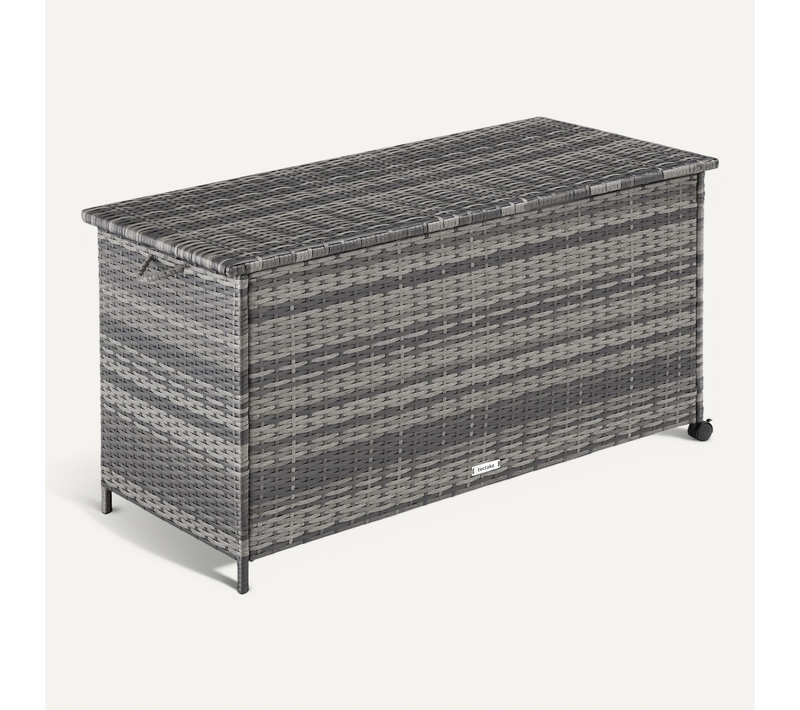 Coffre De Rangement Extérieur 253 Litres En Aluminium Polyrotin Gris 2 Roulettes Frein 116x54x64cm