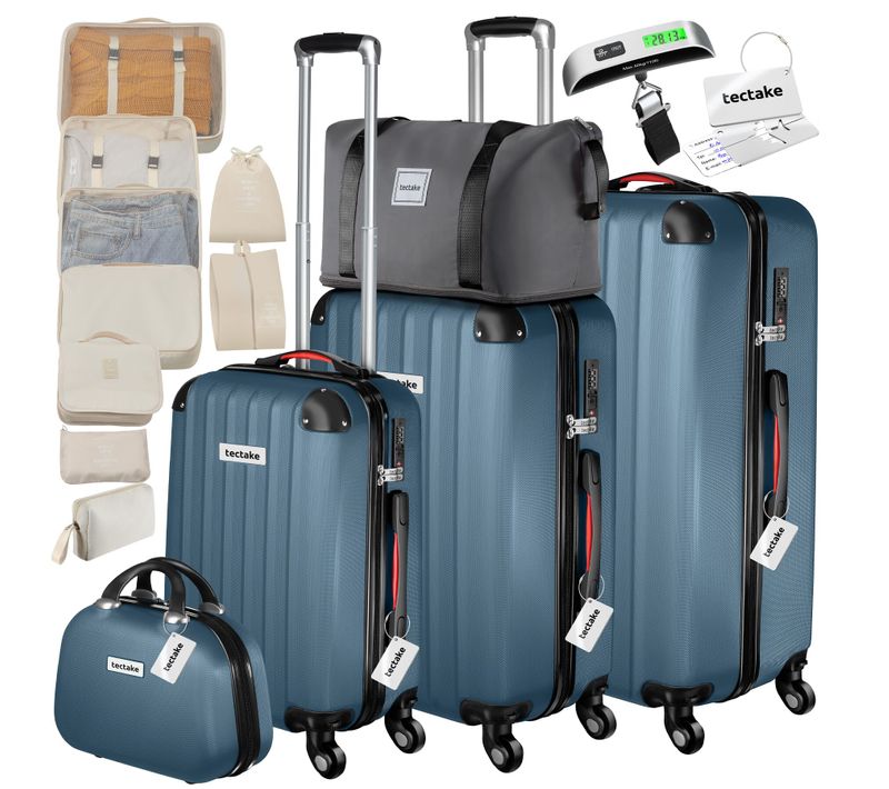 Ensemble Valises Coque Rigide Bleu 3 Valises Roulettes Trousse Toilette Sac Voyage Pèse-bagages