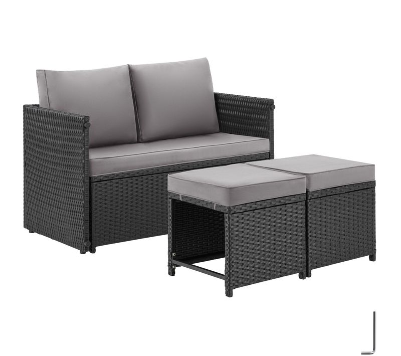 Ensemble Salon En Rotin 2 En 1 Pour Jardin Ou Terrasse Noir  60 X 110 X 61.5 Cm