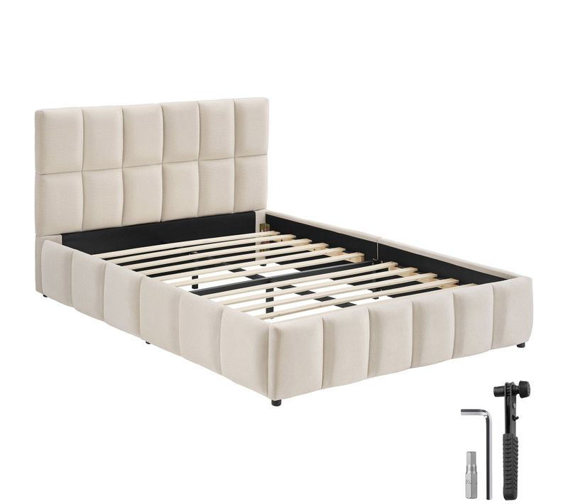 Lit Rembourré Tissu Velours Sable Sommier à Lattes Charge 250 Kg Dimensions 200x120 Cm