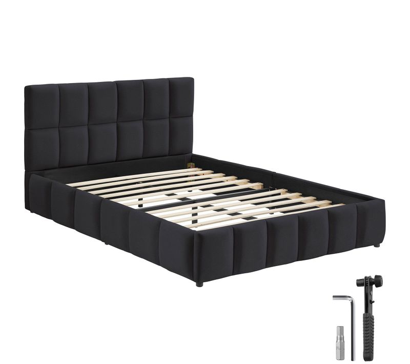 Lit Rembourré Avec Sommier à Lattes Velours Noir Matelassage Base 200x140 Charge 250kg