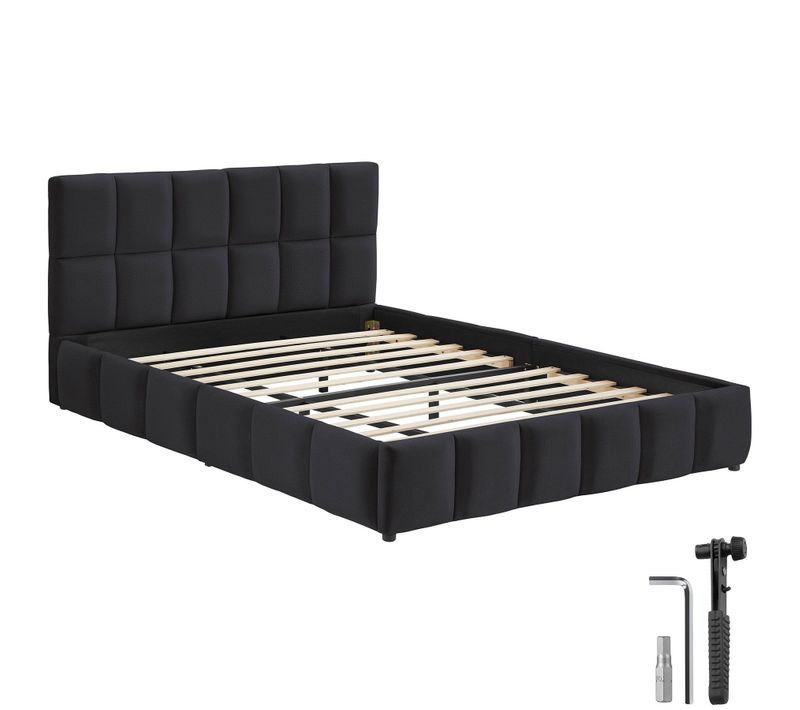 Lit Rembourré Noir Velours Avec Sommier à Lattes En Mdf Acier Dimensions 200x180