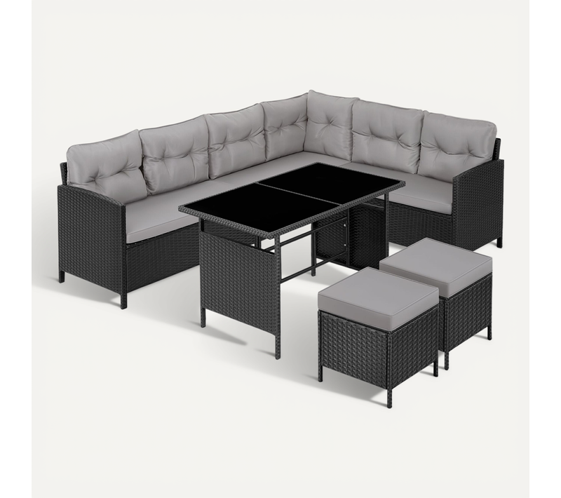 Canapé de Jardin Lounge Modulaire Barletta en Rotin Noir/Gris avec Table Verre