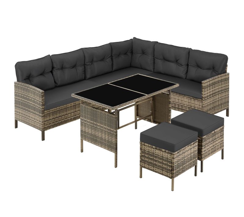 Canapé de Jardin Lounge Modulaire en Rotin Marron avec Table Verre Sécurisé