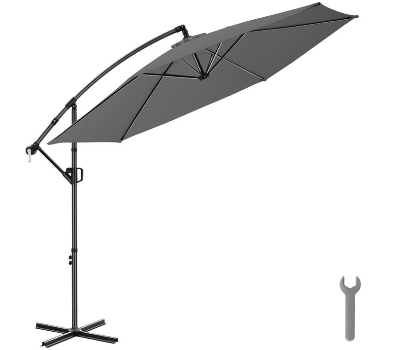 Parasol à Pied Central Pivotant 360° Inclinable 3x3m Tissu Polyester Gris Avec Housse