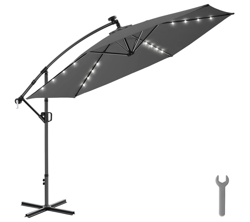Parasol à Pied Central Pivotant 360° LED Solaire Textile Polyester Gris 3,5x3,5m Inclinaison Régl