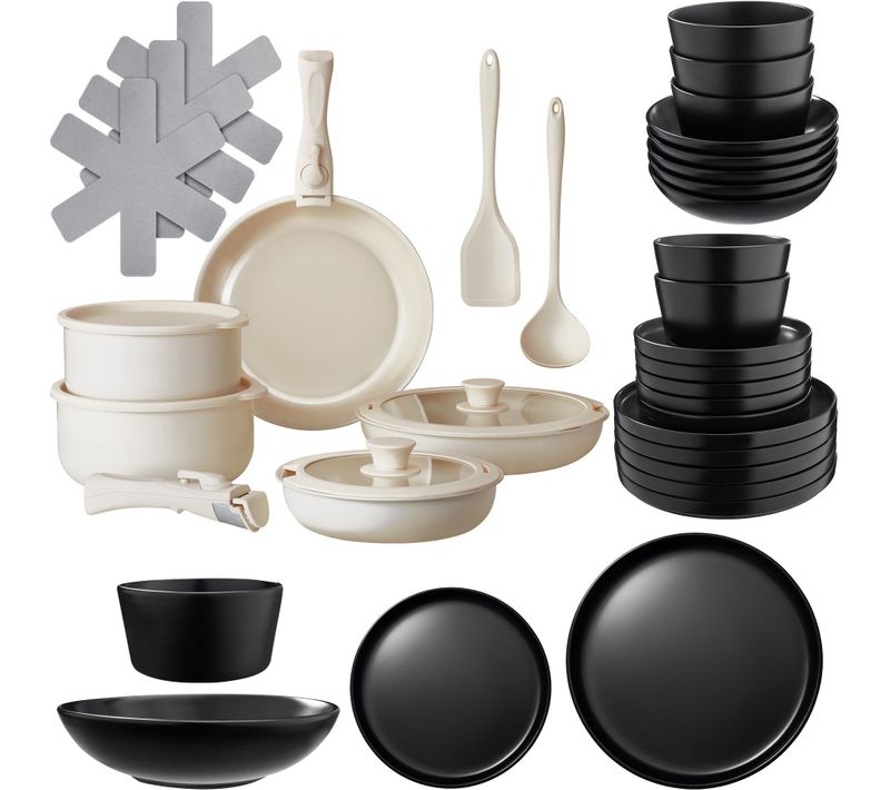 Ensemble De Vaisselle Et Kit De Cuisine Una/genua En Grès, Aluminium Noir/blanc