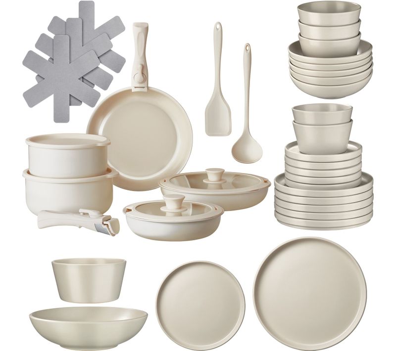 Ensemble De Vaisselle Et Kit De Cuisine Una/genua En Grès, Aluminium Taupe/blanc