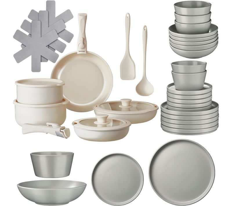 Ensemble De Vaisselle Et Kit De Cuisine Una/genua En Grès, Aluminium Gris/blanc