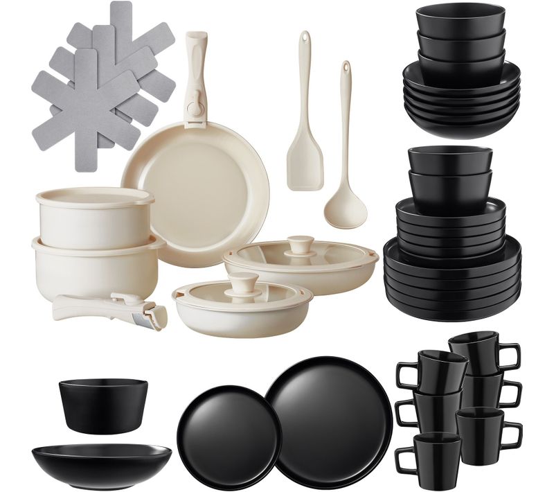 Ensemble De Vaisselle Et Kit De Cuisine Una/genua En Grès, Aluminium Noir/blanc