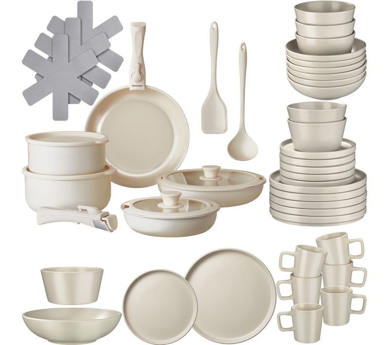 Ensemble De Vaisselle Et Kit De Cuisine Una/genua En Grès, Aluminium Taupe/blanc