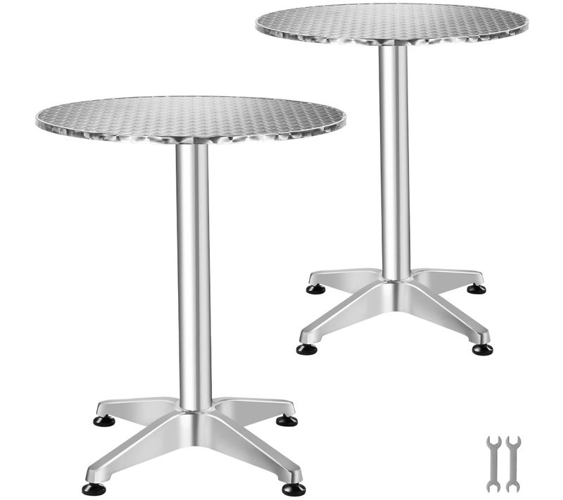 2 Tables De Bistrot En Aluminium Pliable Résistante Intempéries Argent D.60 Cm Réglable Hauteur