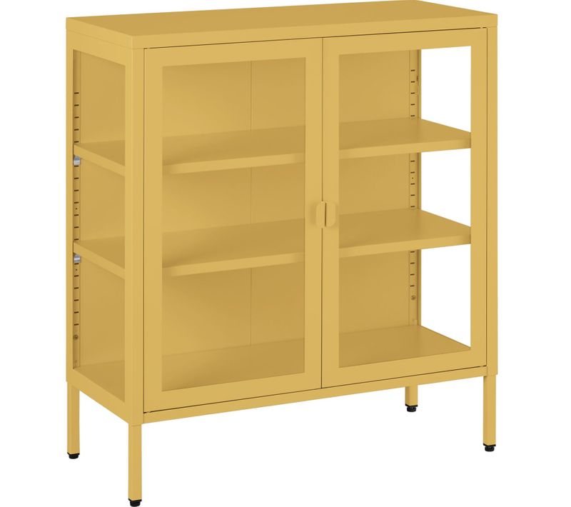 Tectake, Vitrine Métal Jaune, 2 Portes Vitrées, étagères Réglables, 80x37x90,5 Cm