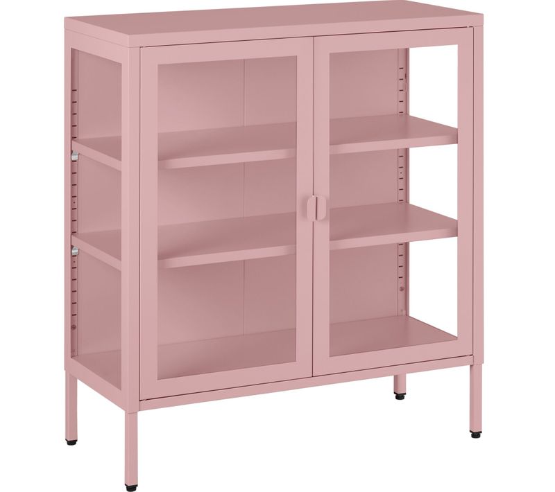 Vitrine Métallique Rose, À 2 Portes, 3 Côtés Vitrés, Fermeture Magnétique, étagères Réglables