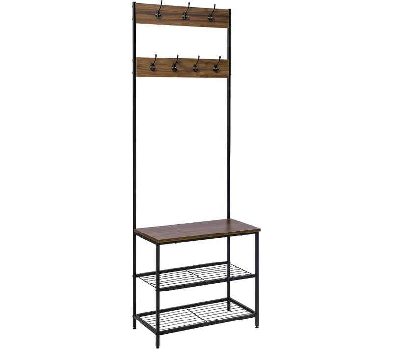 Porte-manteau Avec Etagère à Chaussures. 7 Crochets. Structure En Acier. Noir+ Brun Foncé