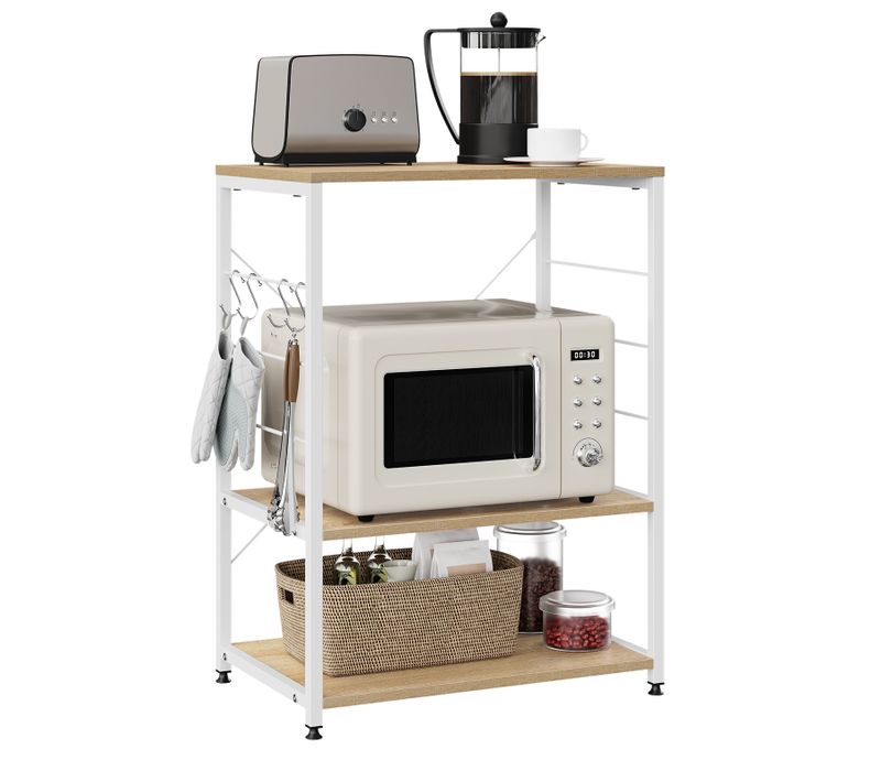 Étagère Rangement à Micro-Ondes. Étagère Cuisine En Bois Massif+Acier. 60x39x74cm. Blanc+Chêne