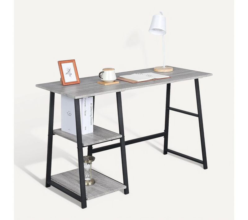 Table De Bureau En Acier+bois Avec 2 Étagères 120x50x73 Cm Gris