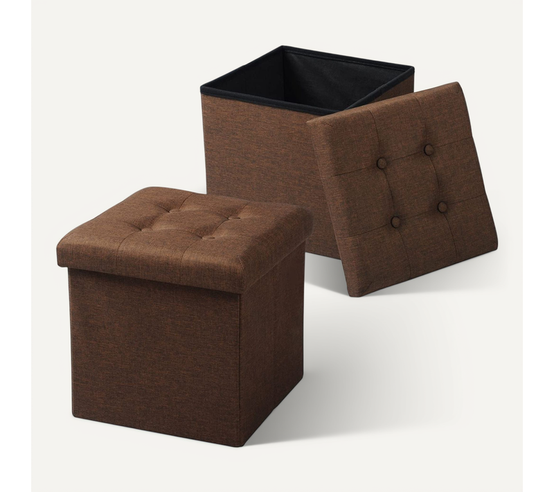 Lot De 2 Tabouret Pouf Coffre De Rangement Pliable En Lin-37.5x37.5x38cm Brun