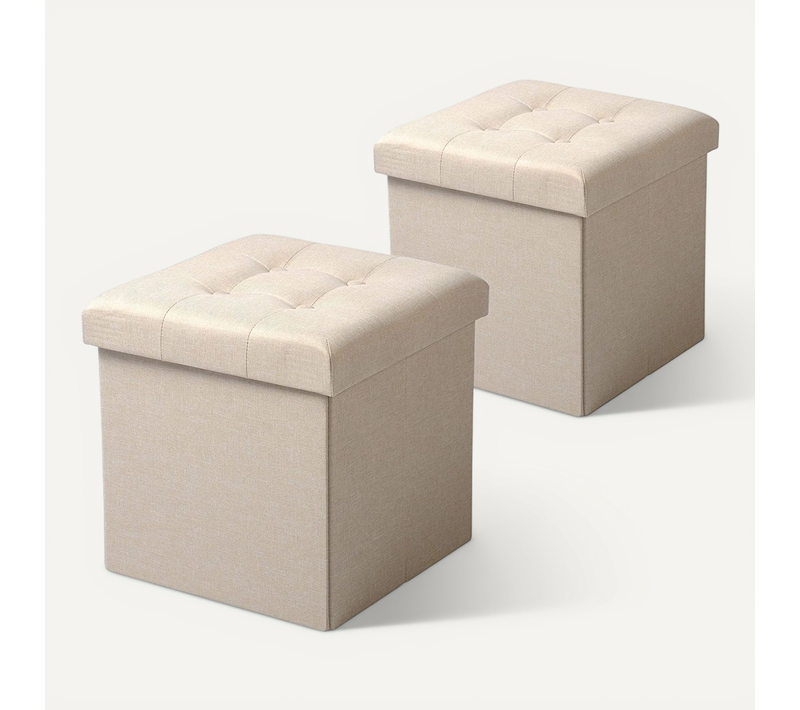 Lot De 2 Tabouret Pouf Coffre De Rangement Pliable En Lin-37.5x37.5x38cm Crème