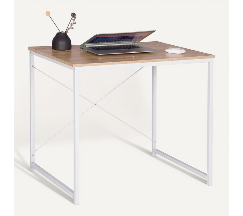 Bureau D’ordinateur. Table De Bureau En Bois+Acier. 80x60x70 Cm. Blanc + Chêne Clair