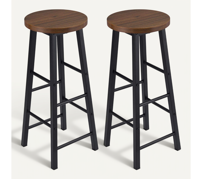 Lot De 2 Tabourets De Bar-Tabouret De Cuisine-Chaise De Salle à Manger-En Métal + Mdf-Hêtre Foncé