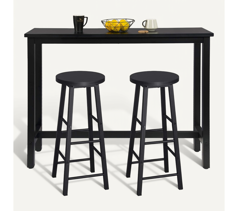 Table De Bar+2 Tabourets De Bar En Mdf Et Métal,industriel 140x40x100cm,noir