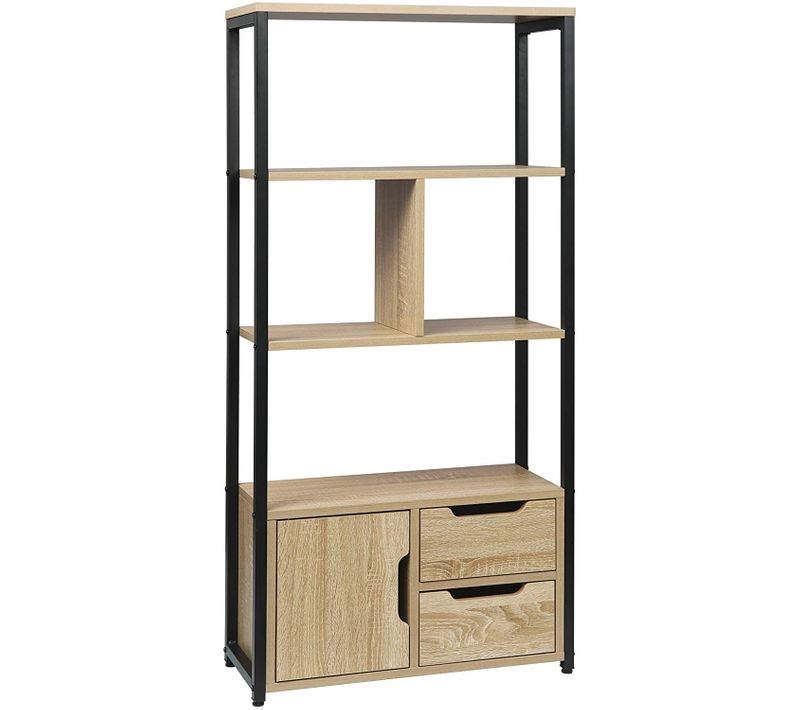 Étagère De Rangement Avec Tiroirs. Bibliothèque En Métal+ Mdf. 58x24x120 Cm. Chêne Clair