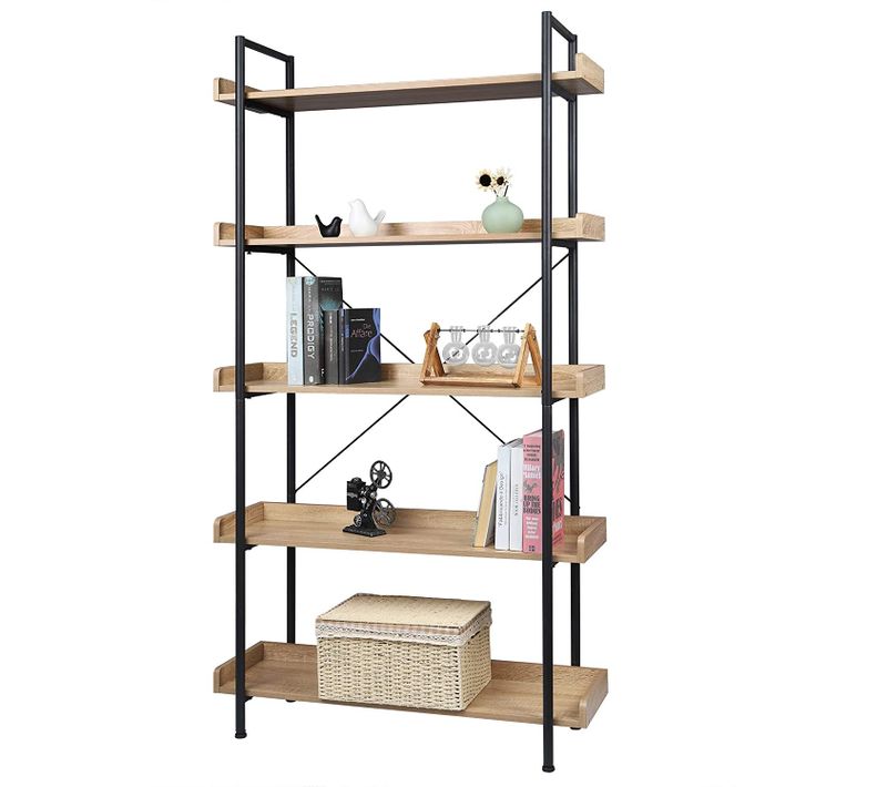 Étagère De Rangement. Bibliothèque En Bois Et Métal à 5 Niveaux.91x25.5x173 Cm. Noir+ Chêne Clair