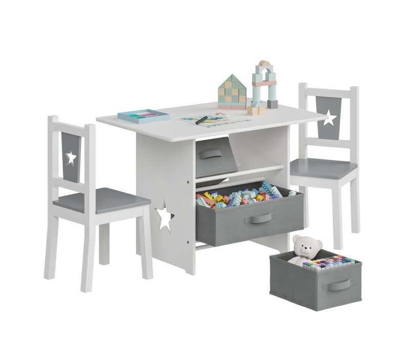 1xtable+2 Chaises Pour Enfants.combinaison De Table+chaises Avec 3 Paniers De Rangement.gris Blanc