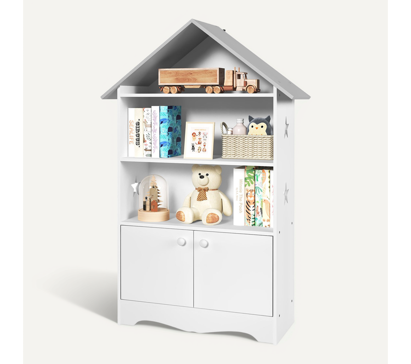 Bibliothèque Enfants En Bois. Étagère à Jouets Avec Porte. Étagère De Rangement Pour Enfants. Blanc