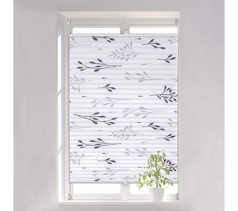 Store Plissé Fixation Sans Perçage.store De Fenêtre Avec Motif De Feuilles.100x130 Cm.gris