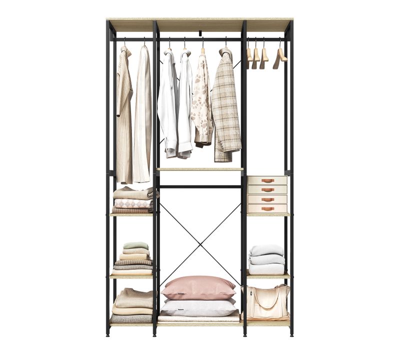 Portant Meuble Rangement Penderie En Acier+MDF.Porte-Vêtements 120x40x201cm.Noir+Chêne Clair