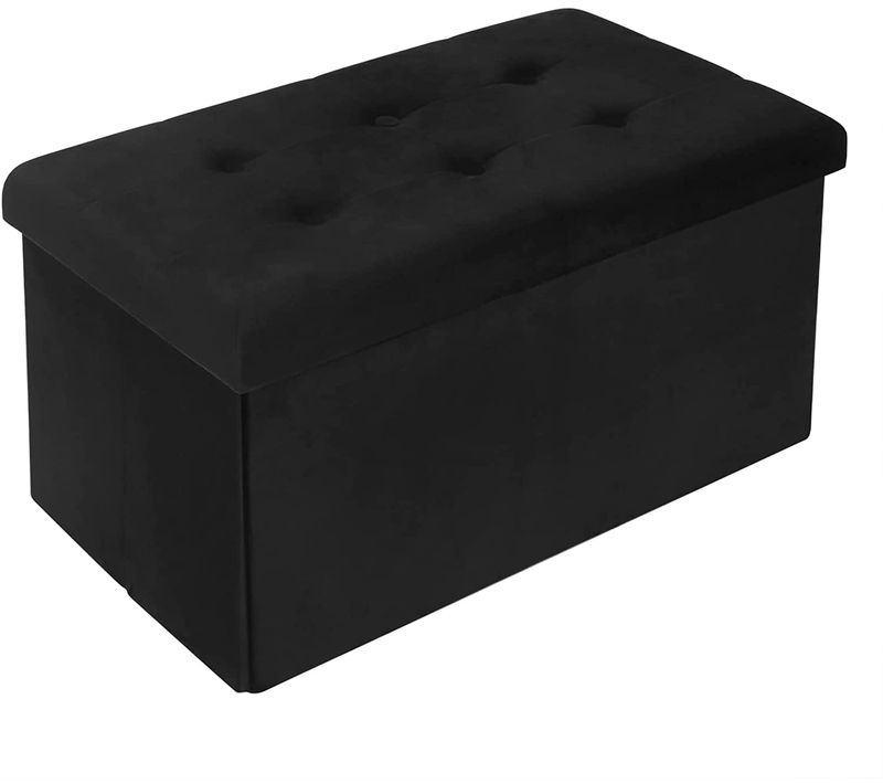 Tabouret Pouf De Rangement En Velours-Coffre Repose-Pied Pliable 76x37-5x38cm-Noir
