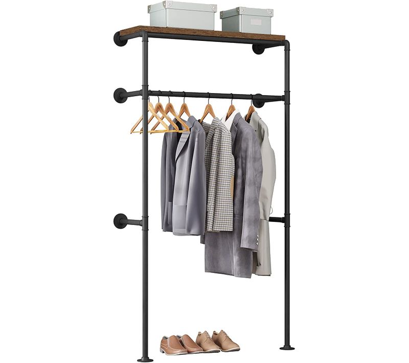 Portant à Vêtements Mural.Penderie Industrielle En Tube D'acier.Étagère En Mdf.Noir+Marron