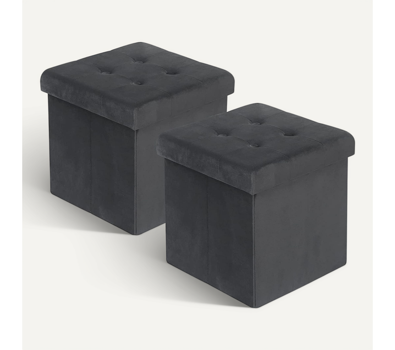 Lot De 2 Tabouret Pouf De Rangement En Velours-coffre Repose-pied Pliable 37-5x37-5x38cm-gris